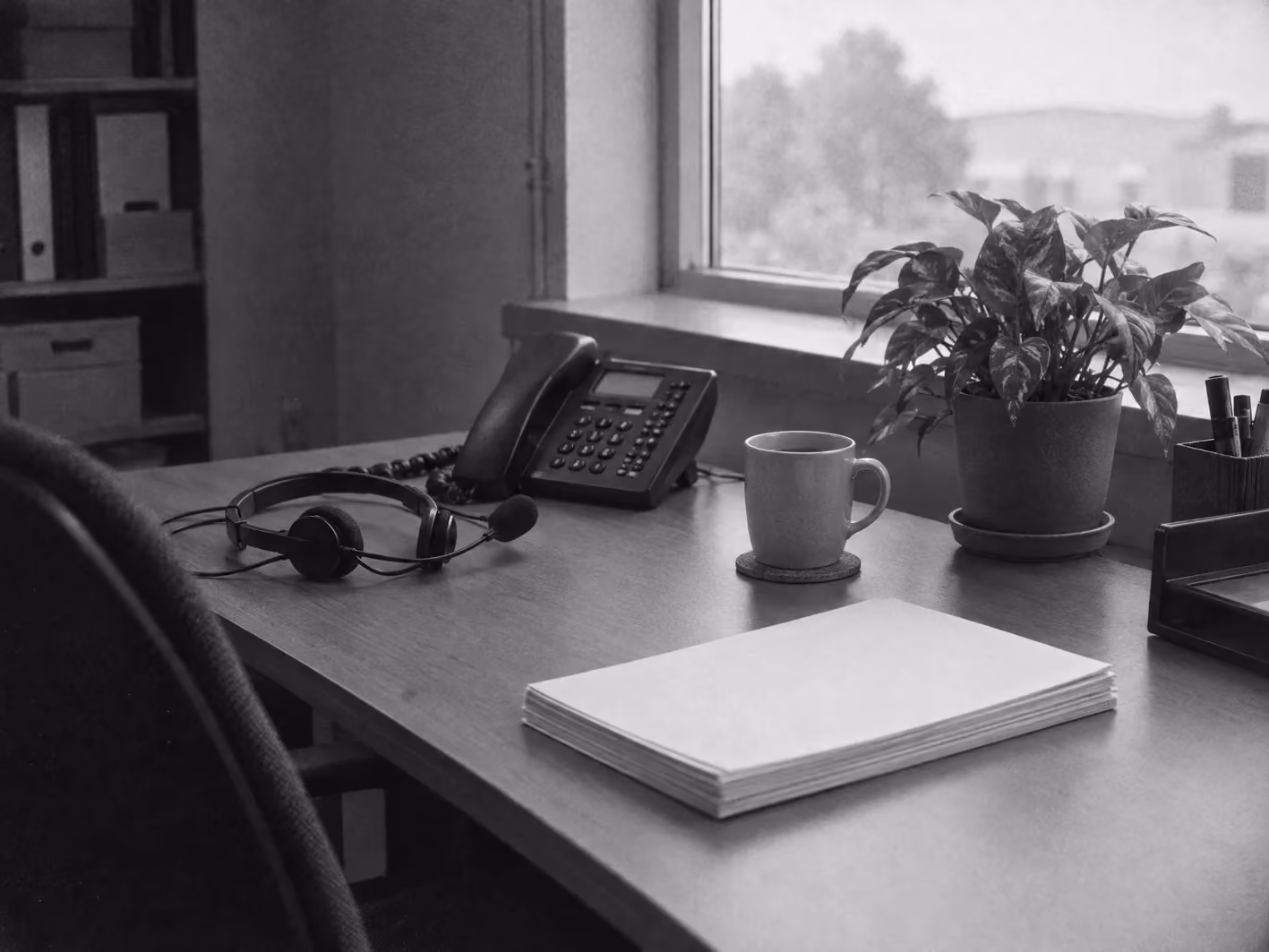 A support desk mid morning, a headset beside the phone, a stack of dockets, a mug and a pot plant