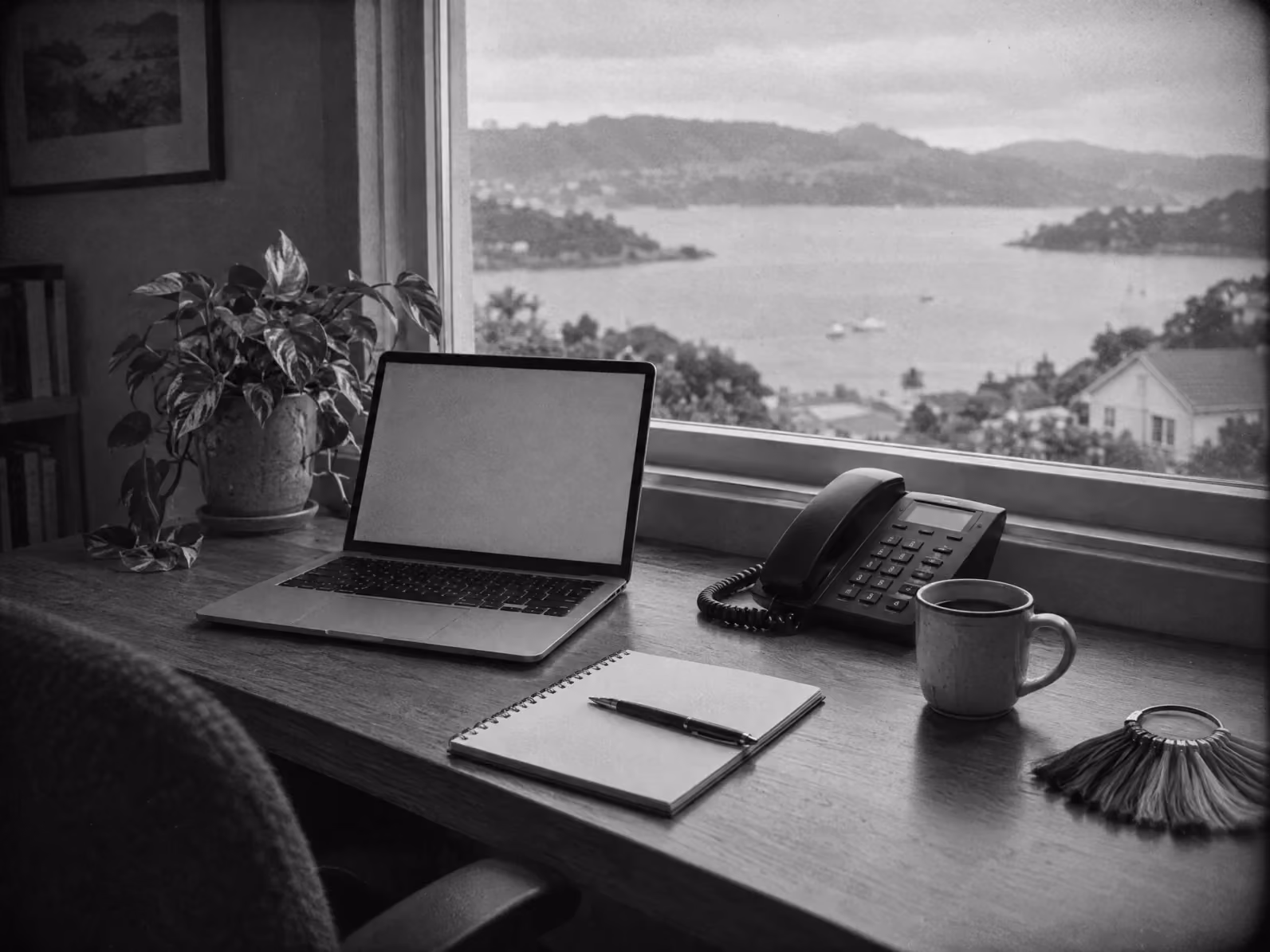 A desk by a window over a harbour, a laptop, a desk phone, a notepad, a coffee and a shade ring ready for a call
