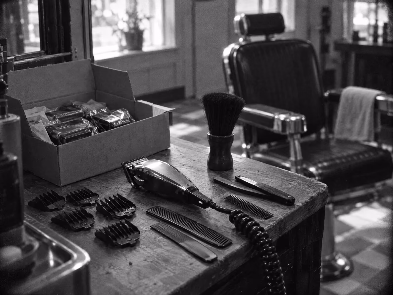 A barber’s bench mid day, clippers, guards, combs and a newly delivered box of stock