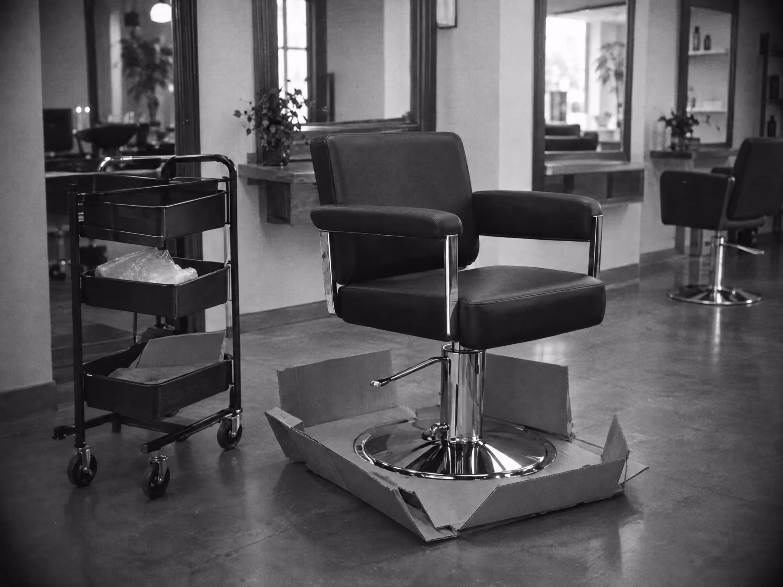A new salon chair just delivered, its carton folded down around the base, a hand trolley beside it