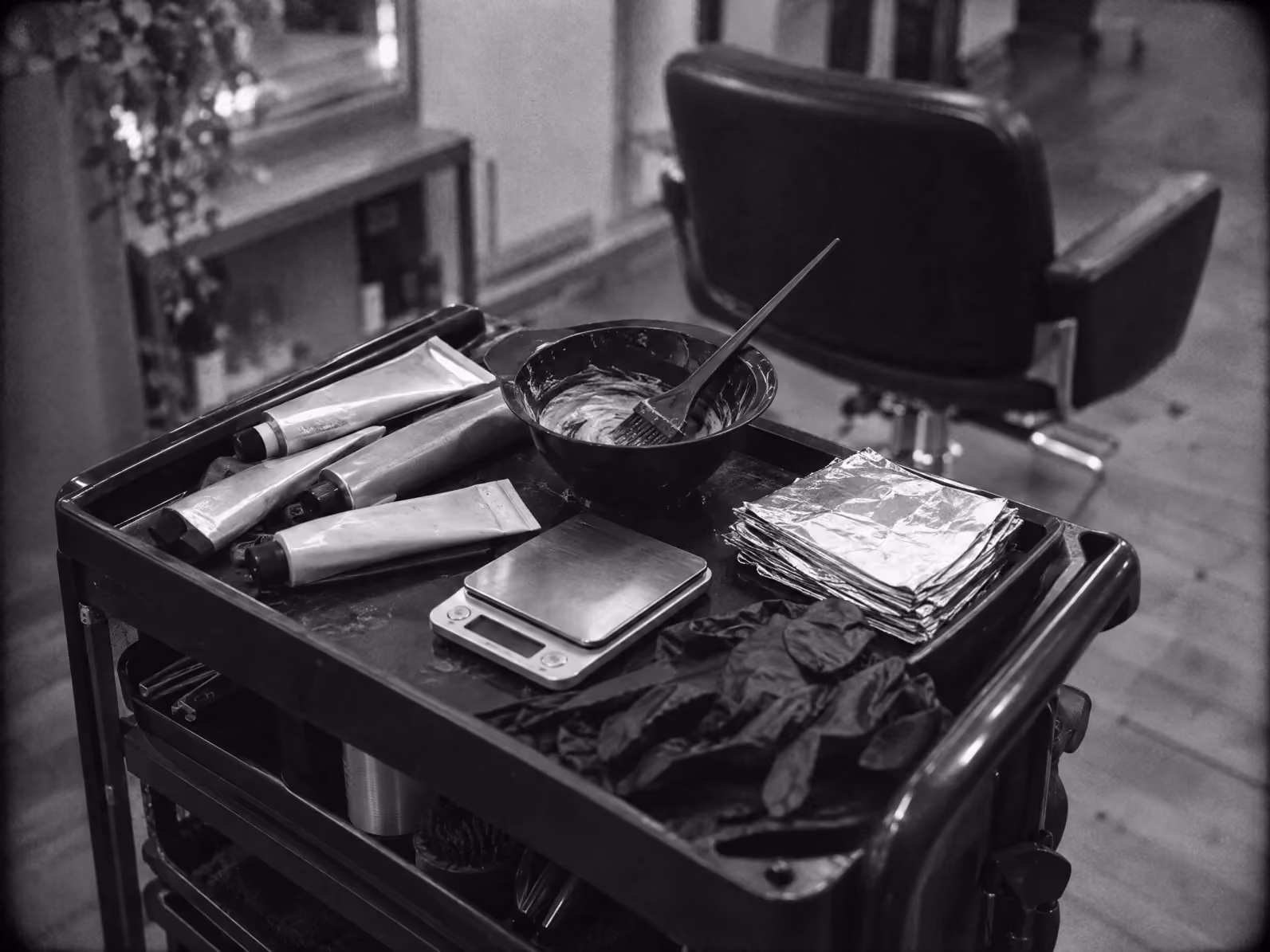 A colourist’s trolley mid service, colour tubes beside a tint bowl, scales and folded foils