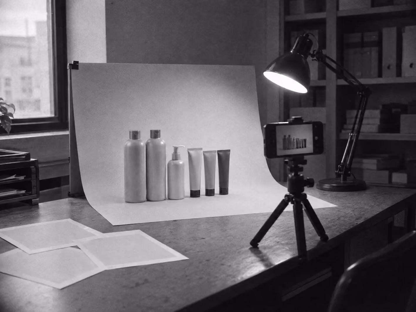 Shampoo and colour lined up on a paper backdrop for a phone on a tripod, flyer proofs on the bench beside them