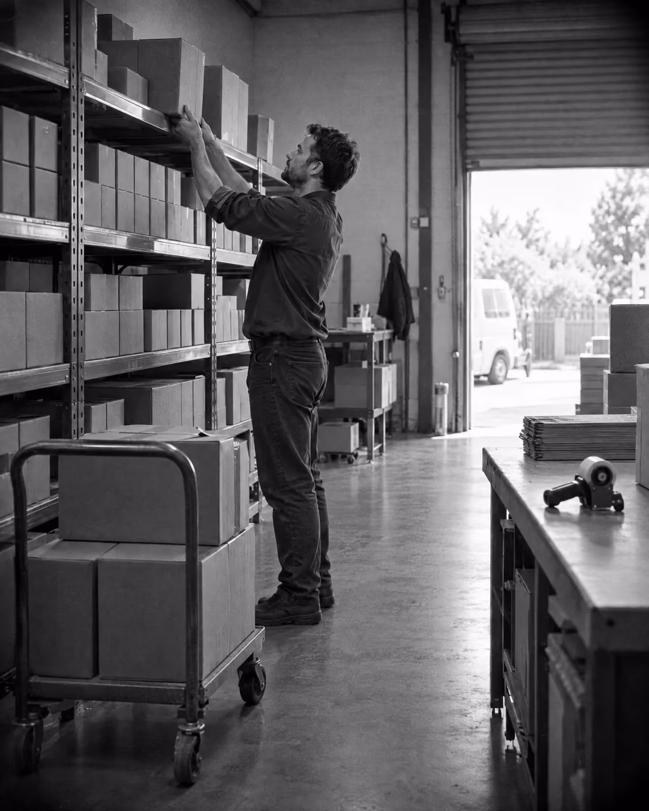 A distributor’s dispatch floor, a man lifting a carton onto the shelving beside a trolley and an open roller door