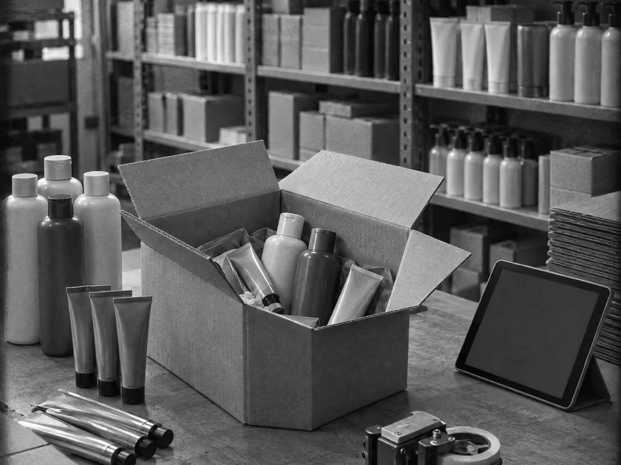 A packing bench where trade orders are picked into a carton, the order showing on a tablet beside it