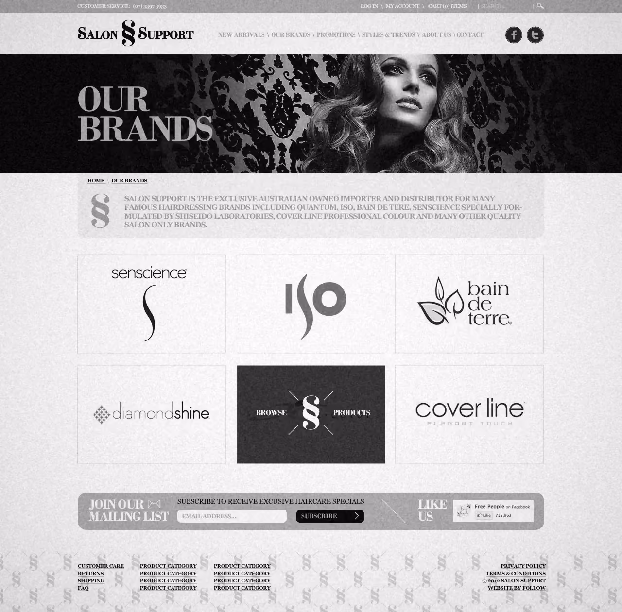 The Salon Support website from 2012, with the Senscience, ISO, Bain de Terre, Diamond Shine and Cover Line logos