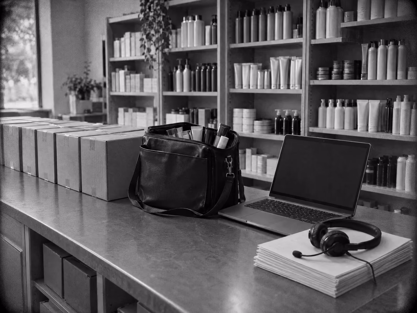 A distributor's trade counter first thing, cartons ready for the courier, a rep's sample bag of colour, a laptop and a headset on a pile of dockets