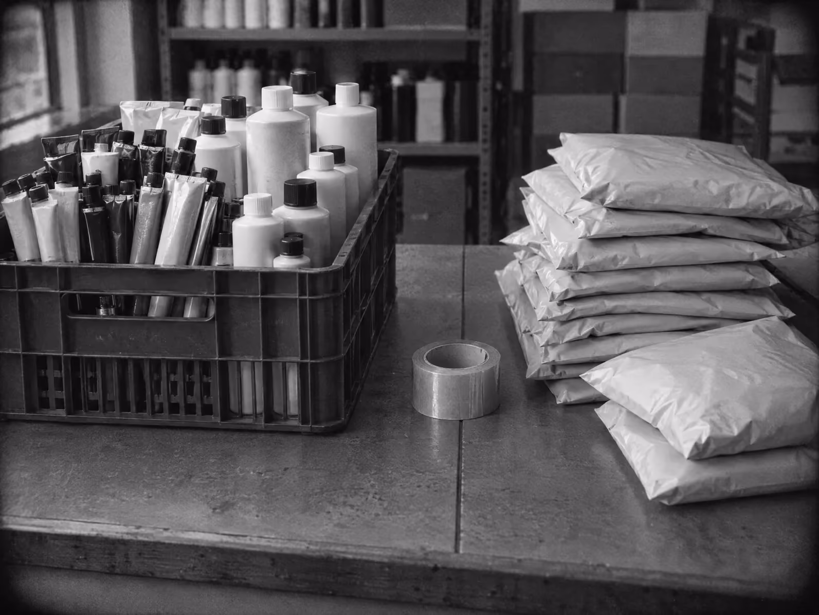 A trade counter with a crate of salon orders on one side and a pile of consumer parcels in courier satchels on the other